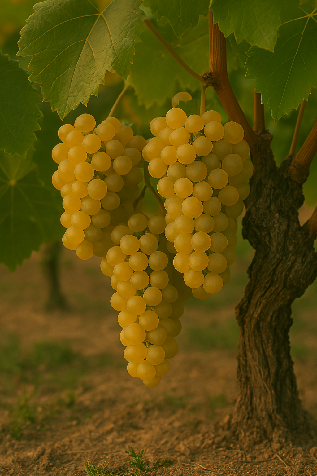 Racimos compactos de Encruzado con bayas pequeñas de piel fina color amarillo-dorado