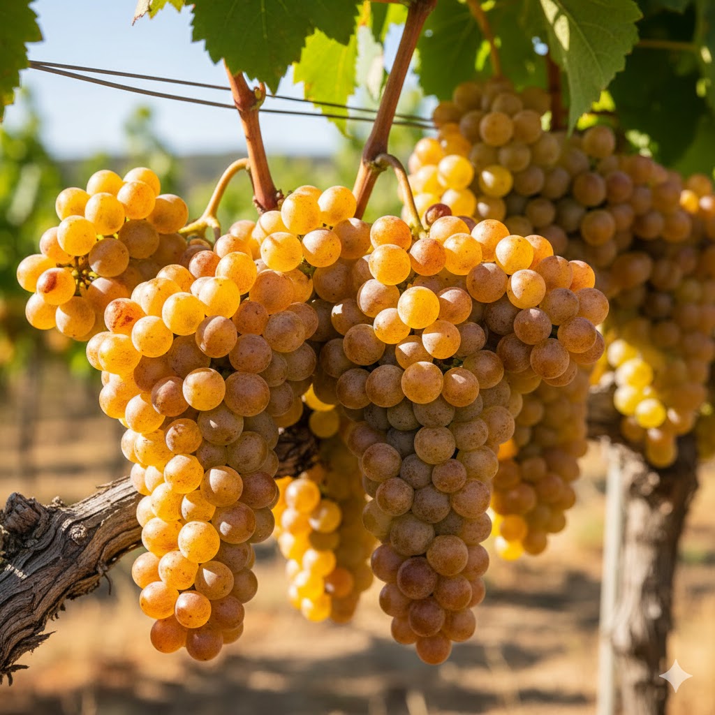Racimos compactos de Fiano con bayas pequeñas de piel gruesa color amarillo-ámbar