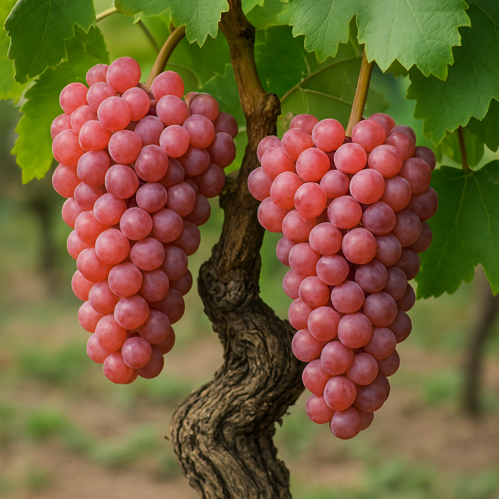 Racimos compactos de Gewürztraminer con bayas de piel rosada característica