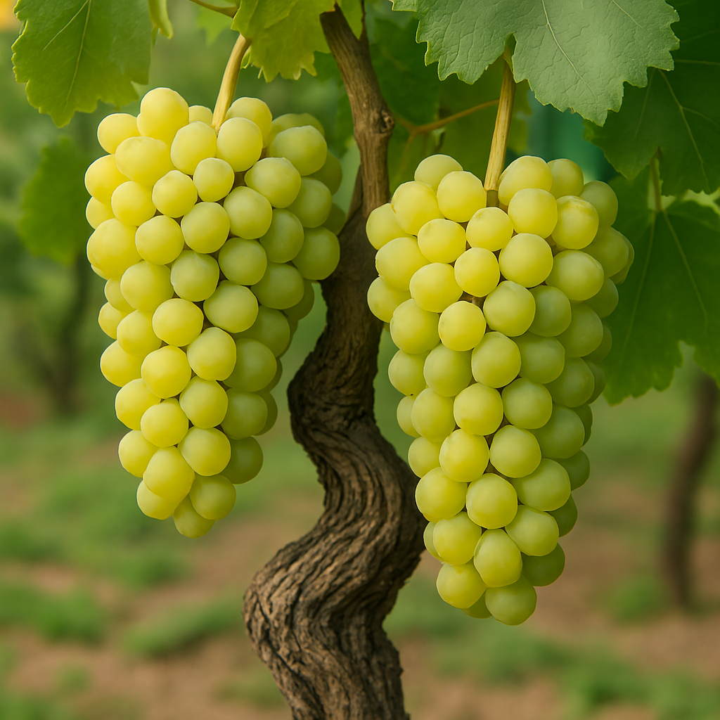 Racimos compactos de Grüner Veltliner con bayas de piel fina color amarillo-verdoso