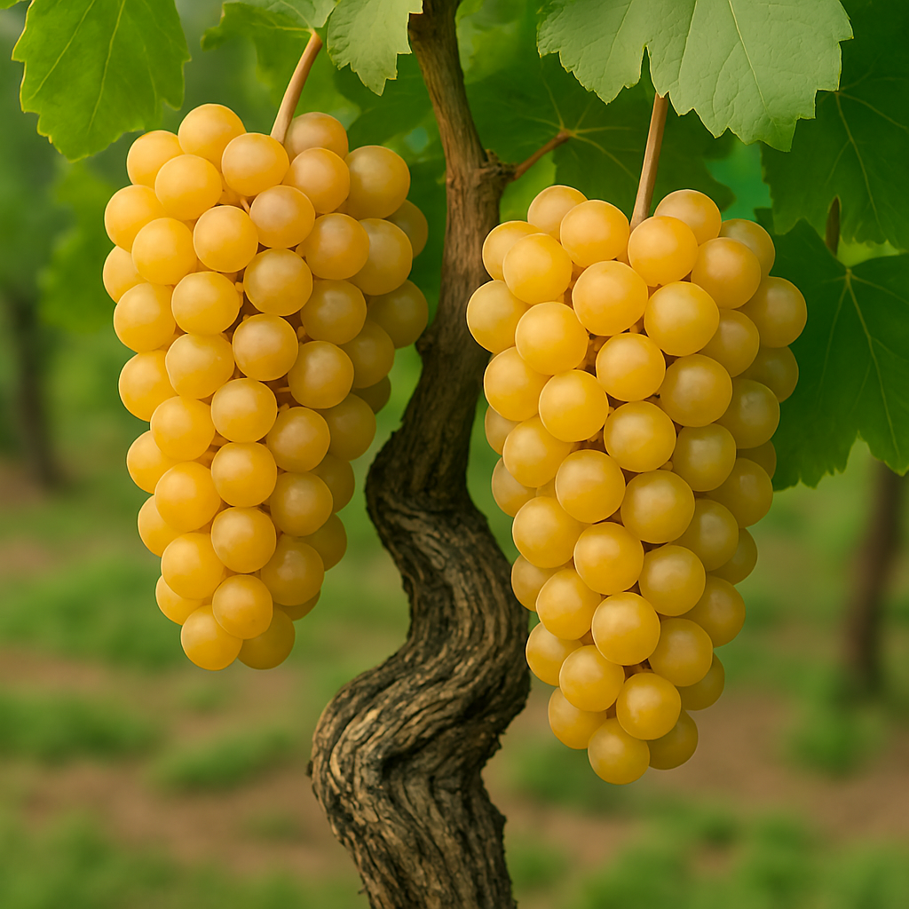 Racimos grandes y compactos de Müller-Thurgau con bayas doradas