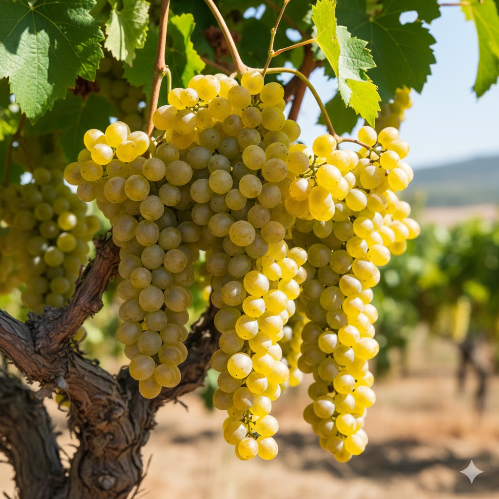 Racimos largos y sueltos de Parellada con bayas de piel fina color amarillo-verdoso