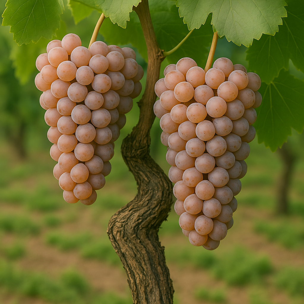 Racimos compactos de Pinot Grigio con bayas de piel gris-rosada característica