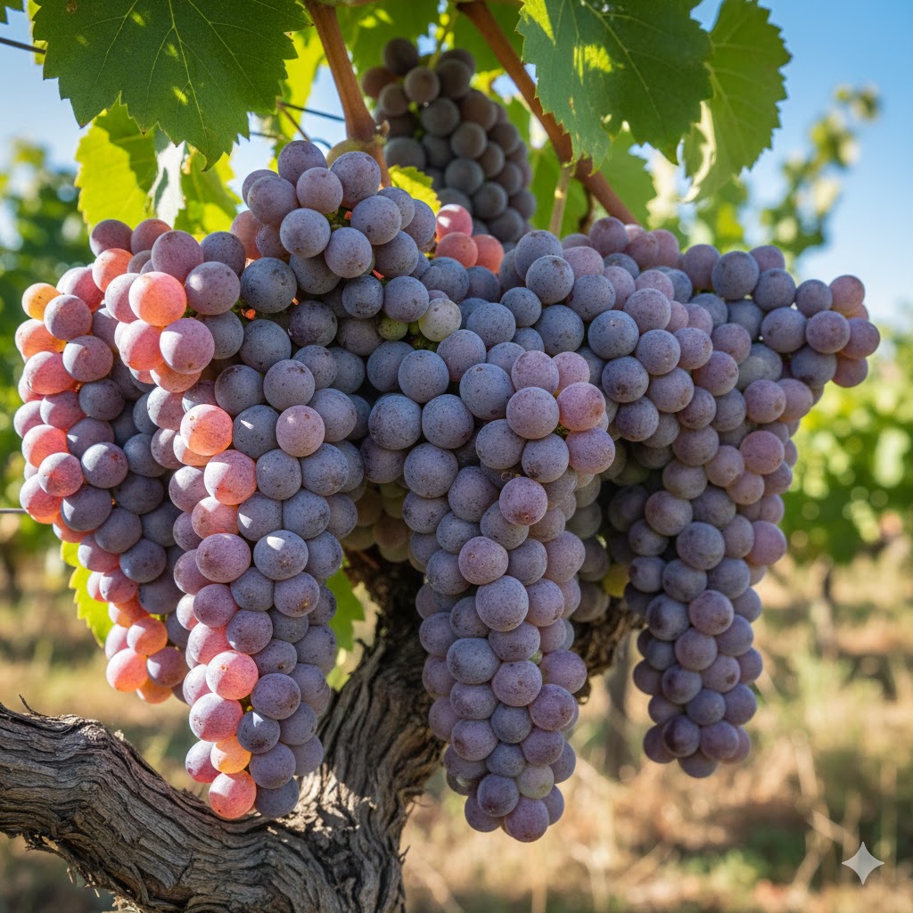 Racimos compactos de Pinot Gris con bayas de piel gris-rosada característica