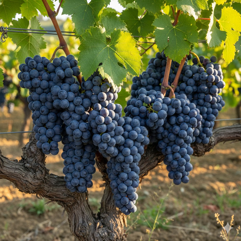 Racimos compactos de Sangiovese con bayas de piel fina color azul-negro