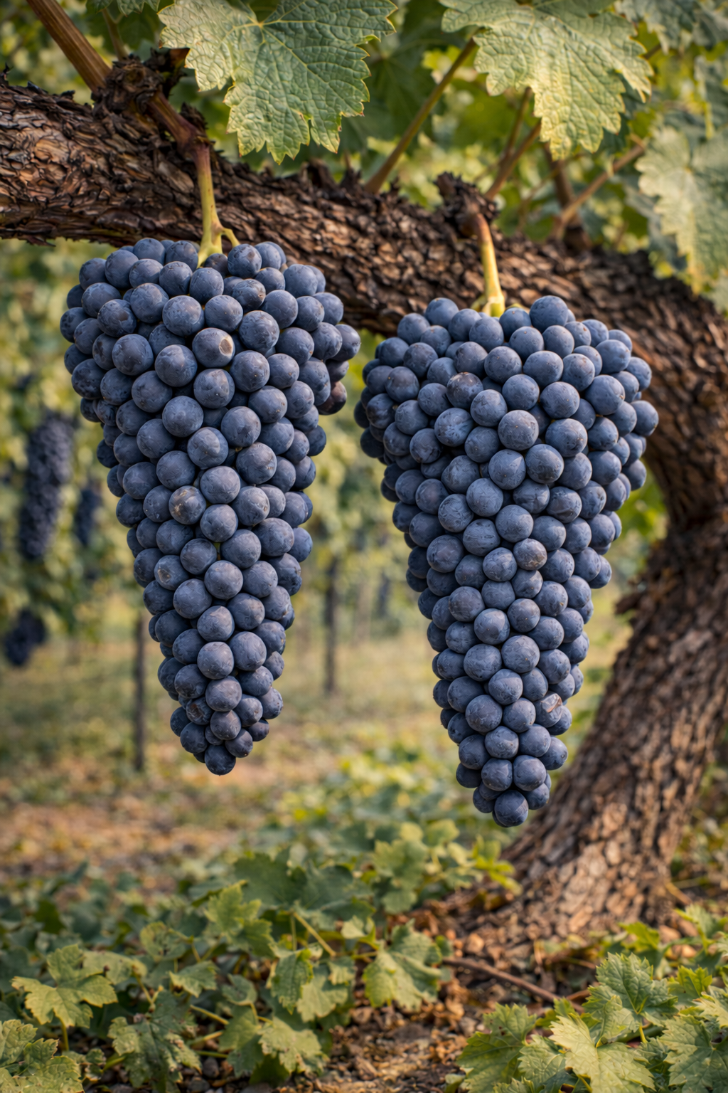 Racimos pequeños y compactos de Touriga Nacional con bayas diminutas de piel gruesa