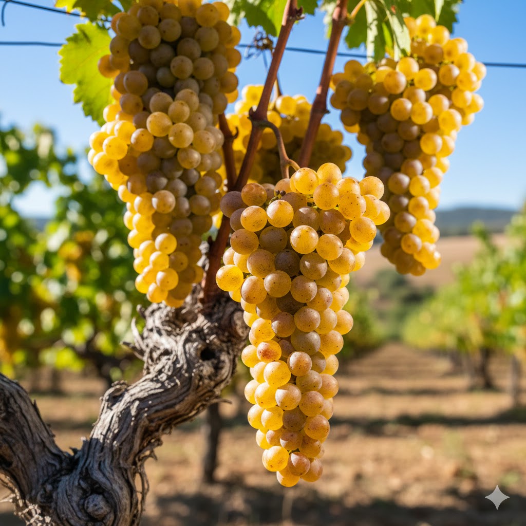 Racimos compactos de Viognier con bayas doradas de piel fina