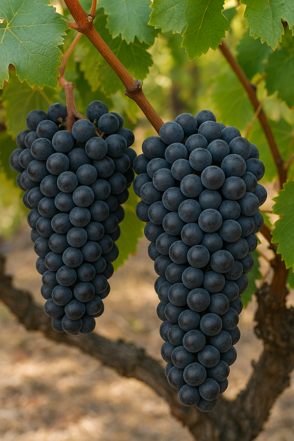 Racimos grandes y compactos de Zinfandel con bayas de piel oscura y delgada
