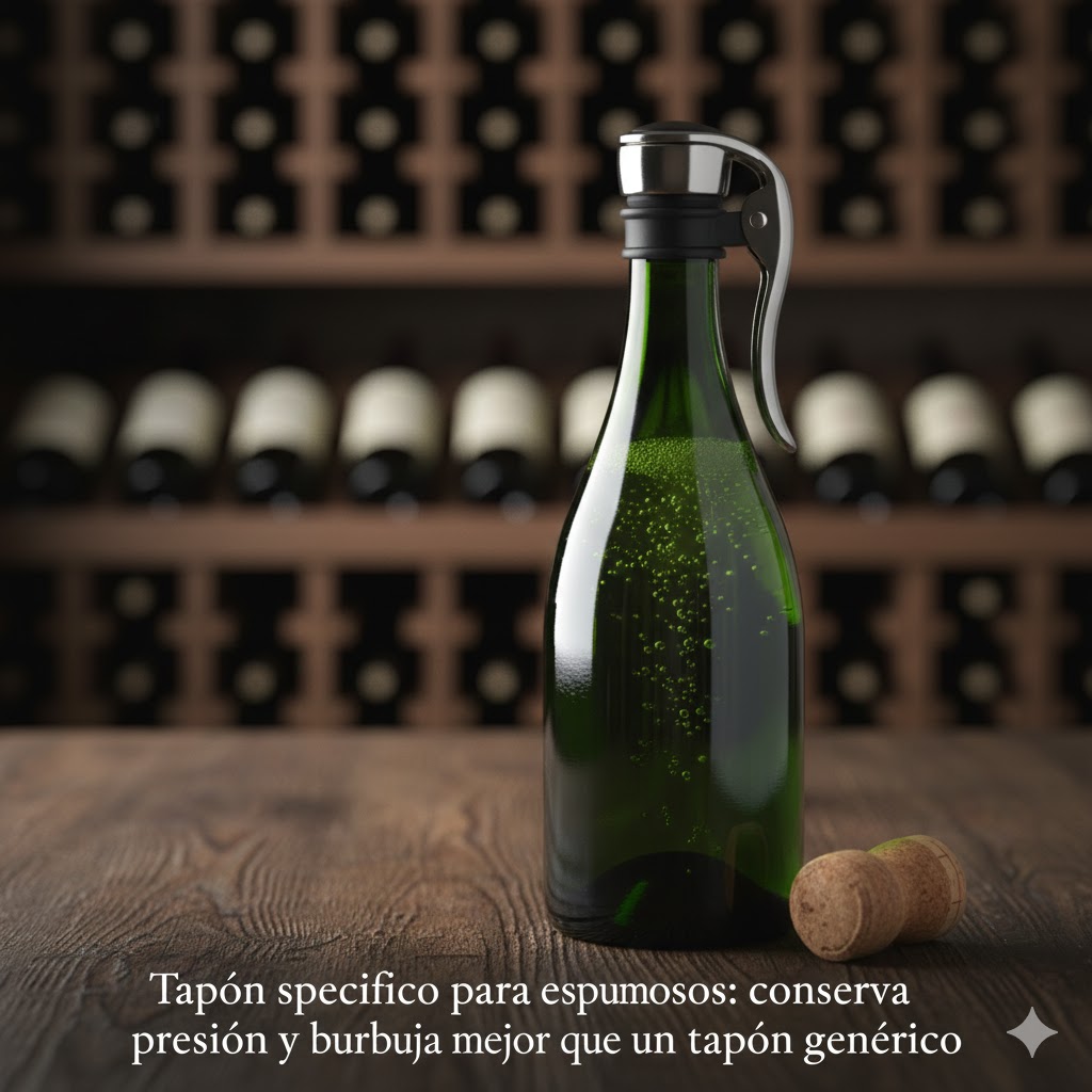 Tapón específico para espumosos: conserva presión y burbuja mejor que un tapón genérico