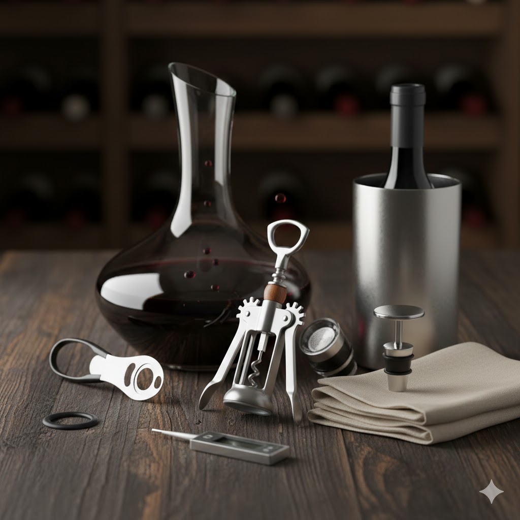 Accesorios de vino esenciales: sacacorchos, tapones de conservación, termómetro y decantador