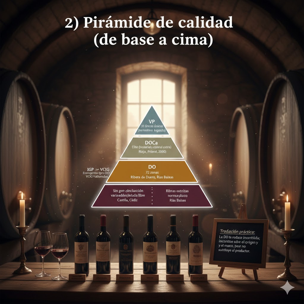 Pirámide de clasificación de vinos españoles: DOP, DOCa, VP, IGP y regiones principales