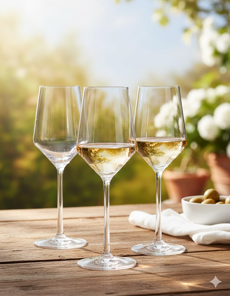 Guía de copas para vino blanco: forma de tulipa, tamaño del cáliz y boca media-estrecha para conservar frescor y concentrar aromas