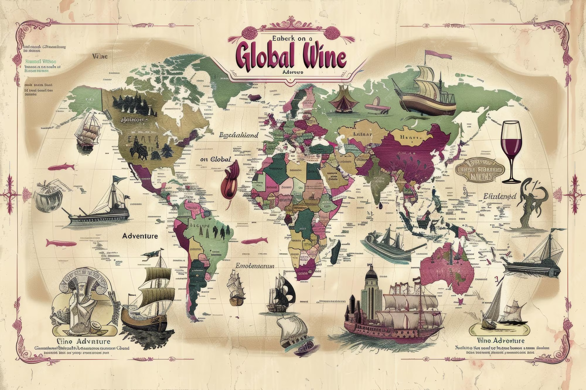 Mapa mundial de regiones vinícolas: Burdeos, Borgoña, Champagne, Rioja, Napa, Mendoza, Barossa y Marlborough