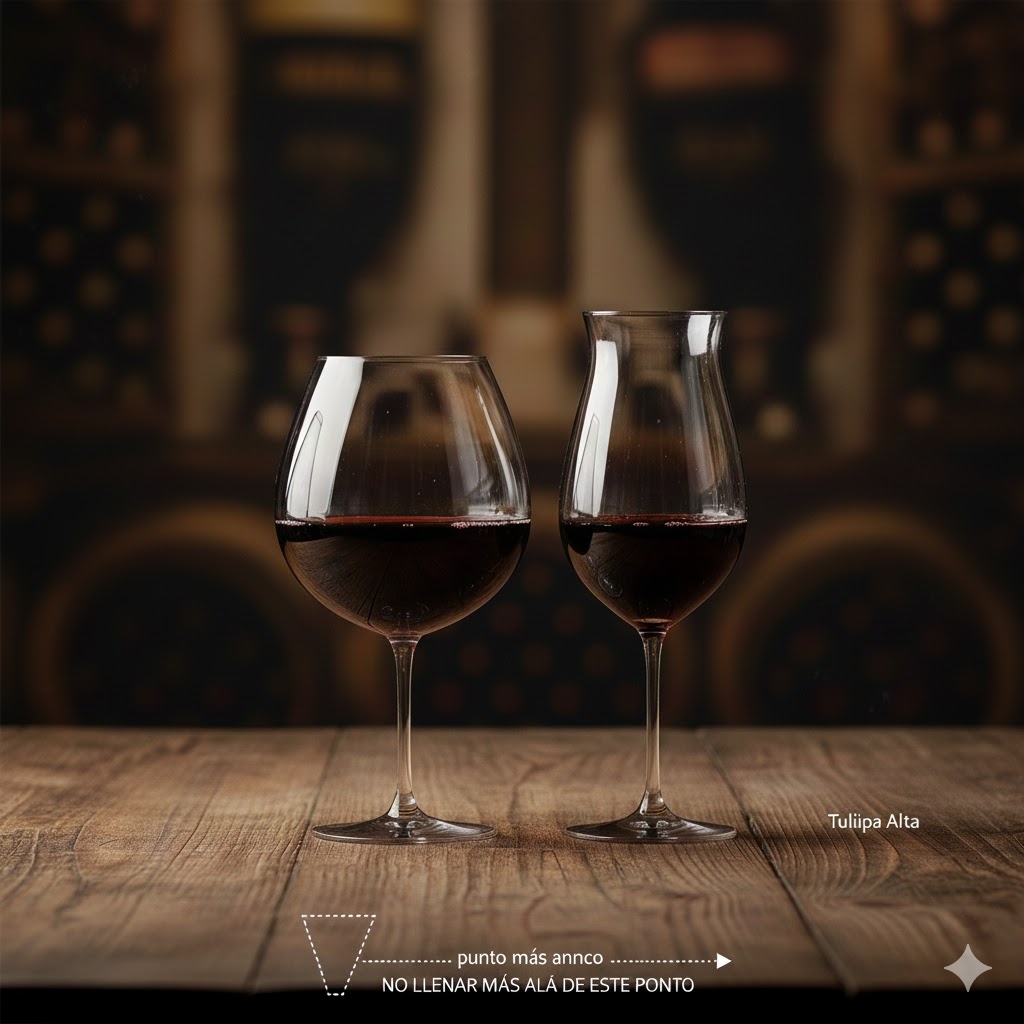 Cantidad correcta de vino tinto servida en copa: servicio doméstico de 120 a 150 ml y cata técnica de 60 a 90 ml, mostrando el nivel por debajo del punto más ancho del cáliz