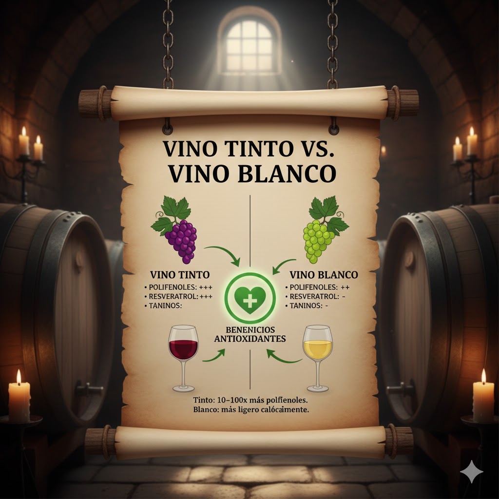 Comparativa vino tinto vs blanco: polifenoles, resveratrol, taninos y beneficios antioxidantes