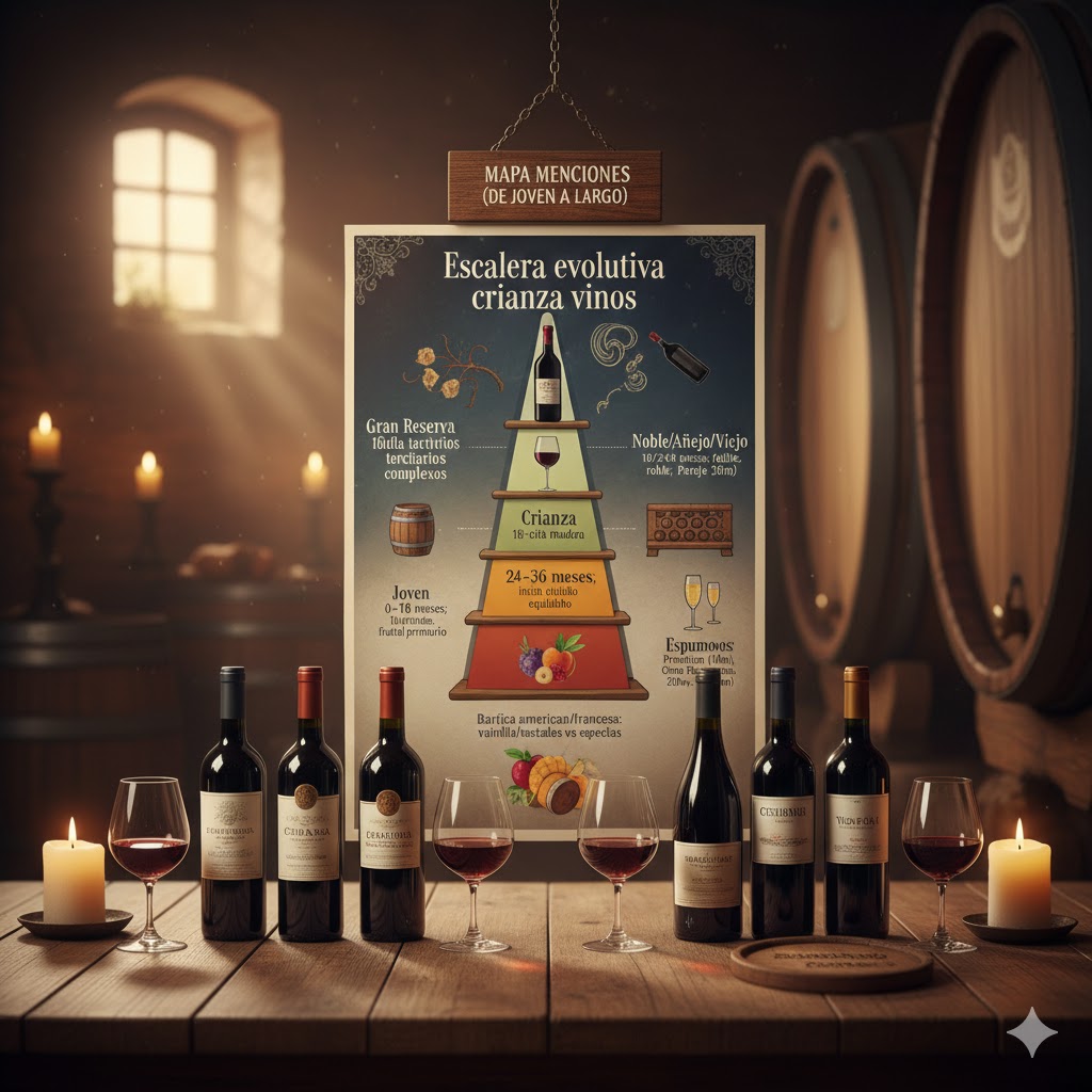 Escalera evolutiva crianza vinos: Joven → Gran Reserva con tiempos barrica/botella