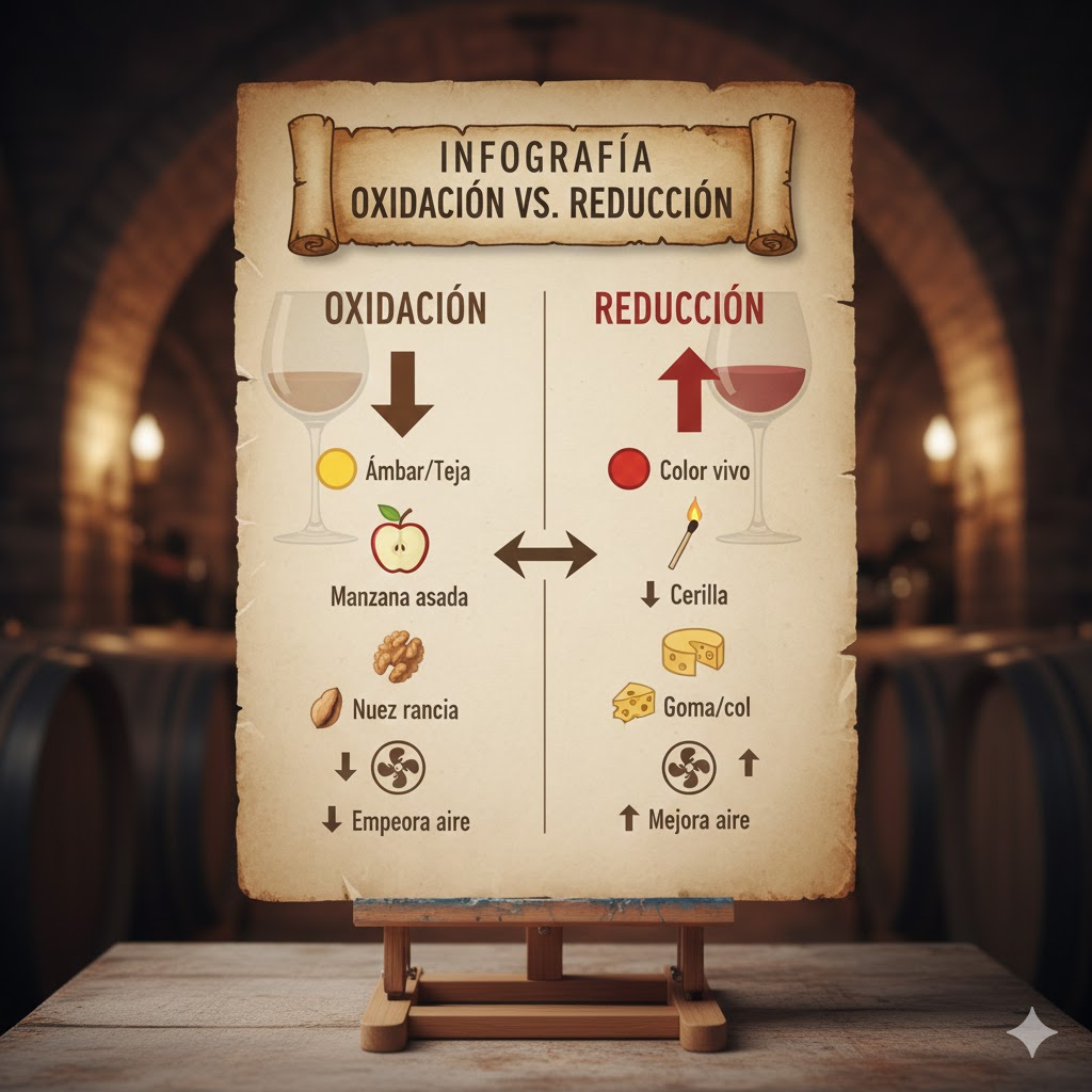 Infografía oxidación vs reducción: aromas, color, evolución en copa