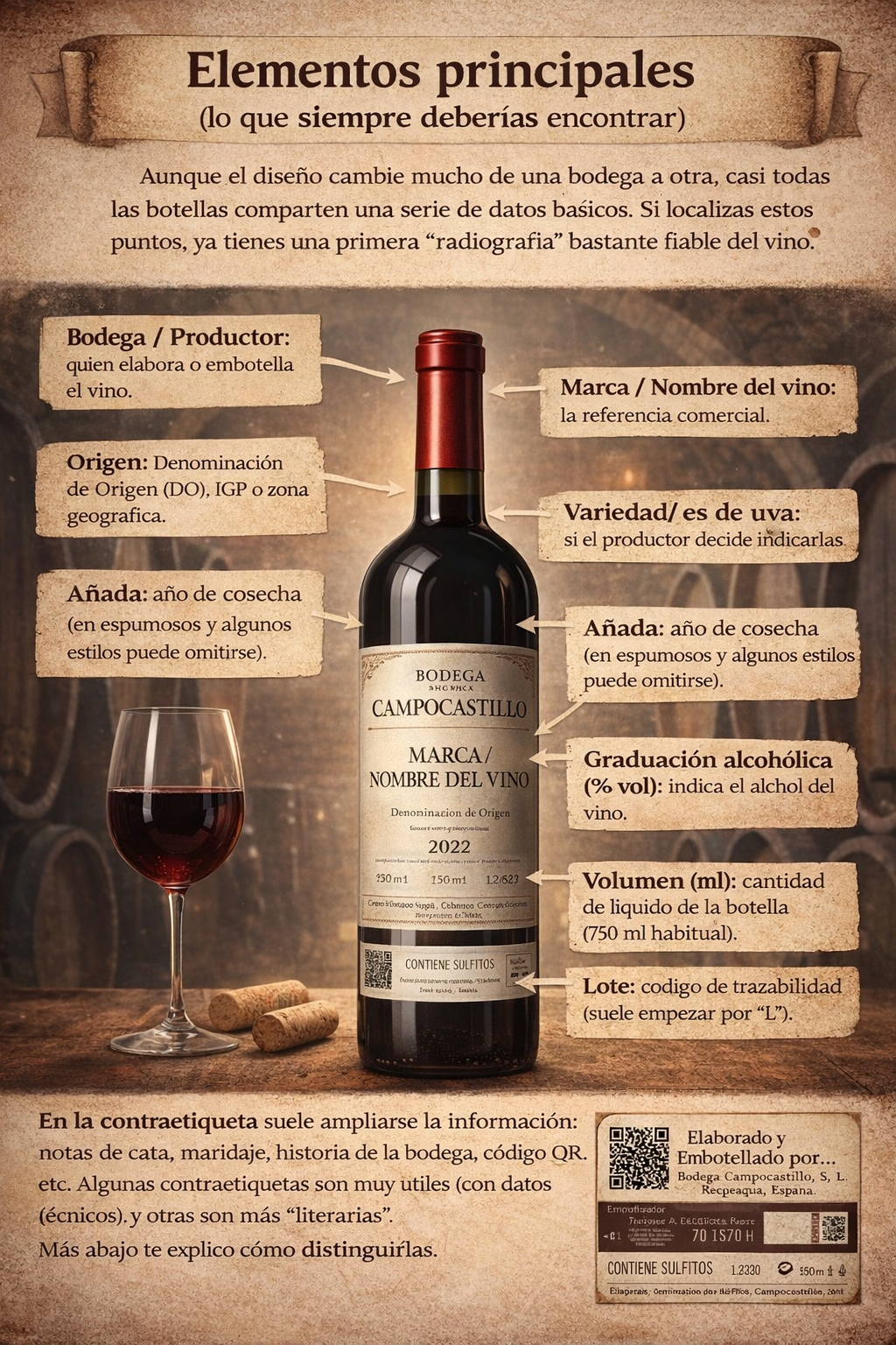 Infografía: partes de la etiqueta del vino (productor, origen, añada, alcohol, volumen, lote, sulfitos, embotellado y QR)