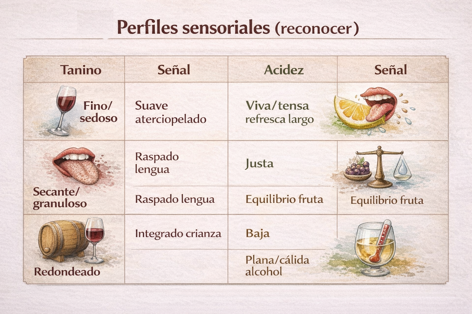 Perfiles boca: tanino fino/secante y acidez viva/baja con iconos