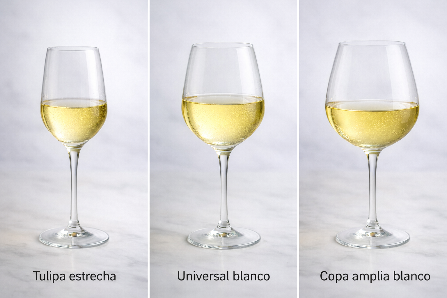 Tipos de copas para vino blanco comparadas: tulipa estrecha, copa universal de blanco y copa amplia para blancos con cuerpo
