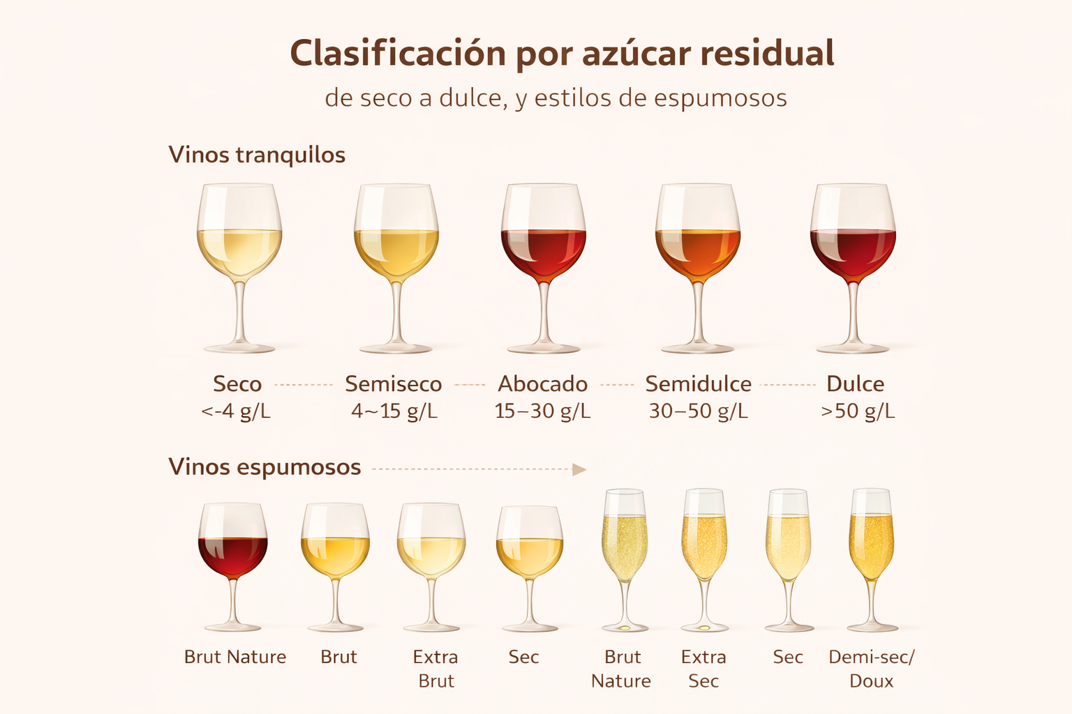 Clasificación por azúcar residual: de seco a dulce, y estilos de espumosos