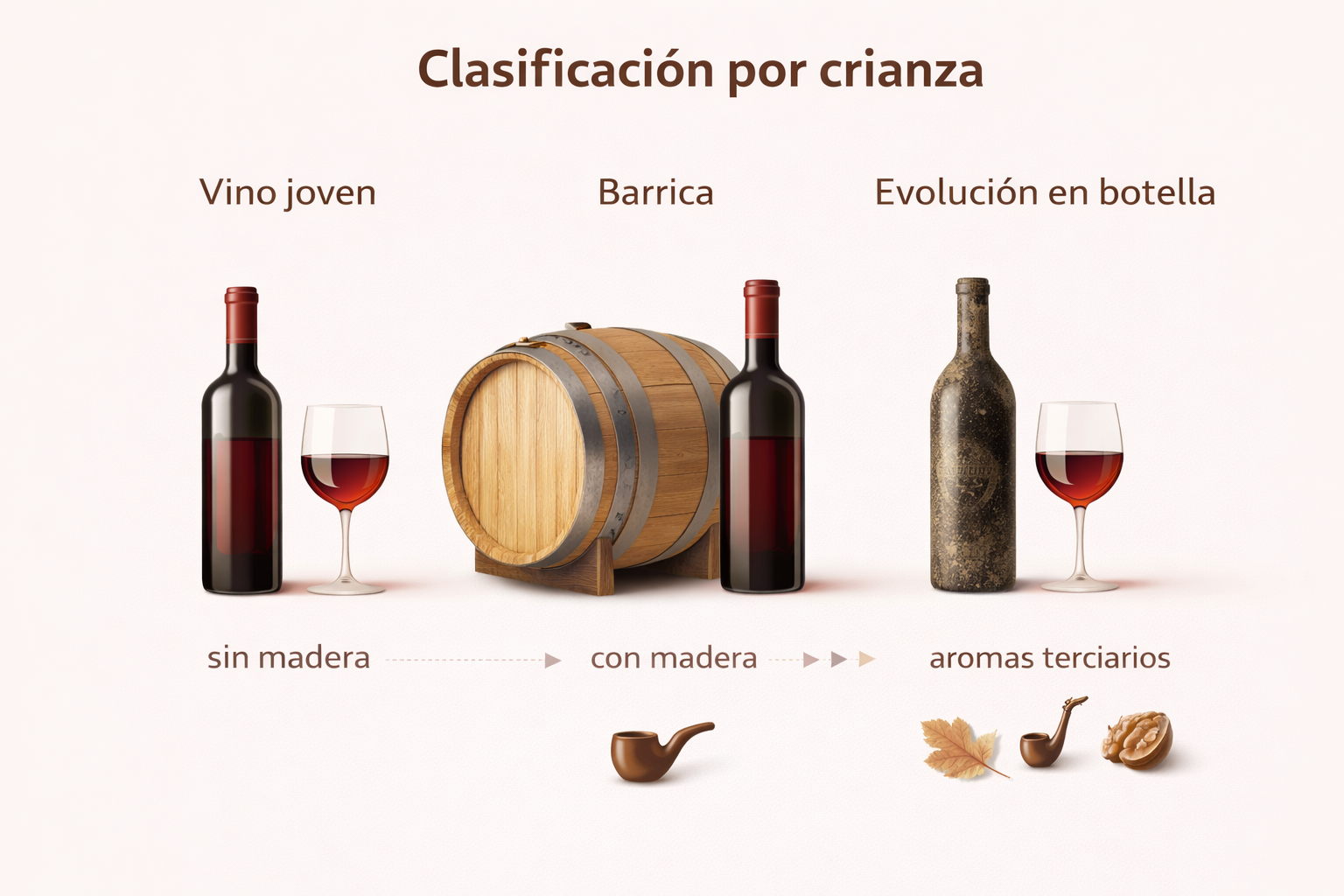 Clasificación por crianza: vino joven, barrica y evolución en botella