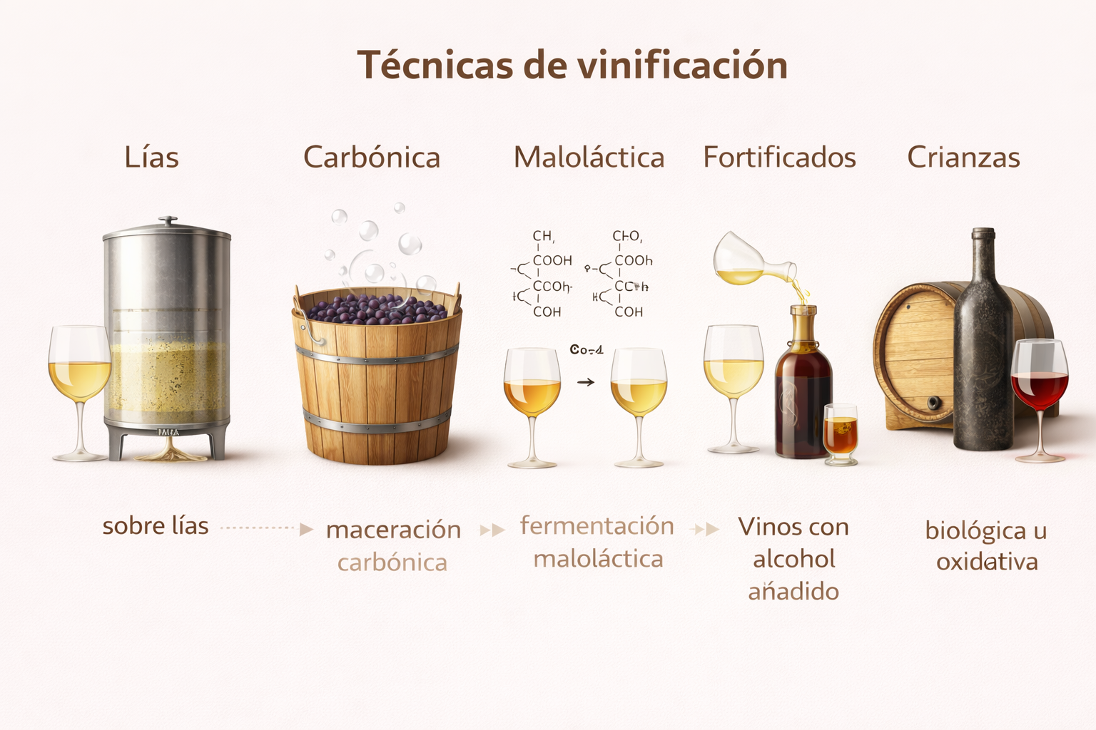 Técnicas de vinificación: lías, carbónica, maloláctica, fortificados y crianzas