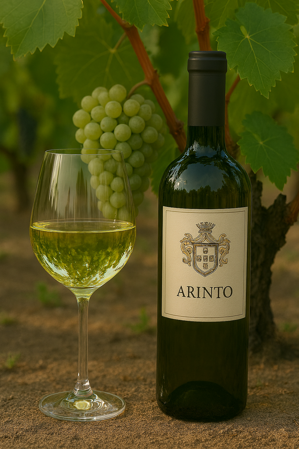 Copa de vino Arinto color amarillo pálido con reflejos verdosos y brillo vivo