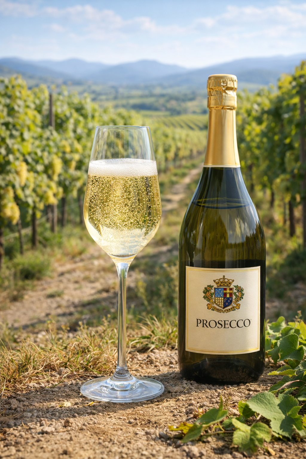 Copa de Prosecco con burbuja fina y persistente, color amarillo pajizo pálido