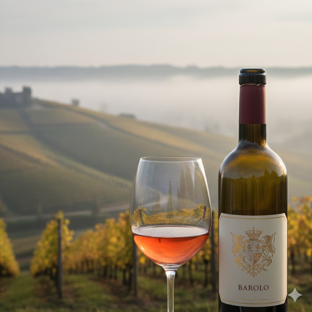 Copa de Barolo color granate pálido con reflejos teja en el borde