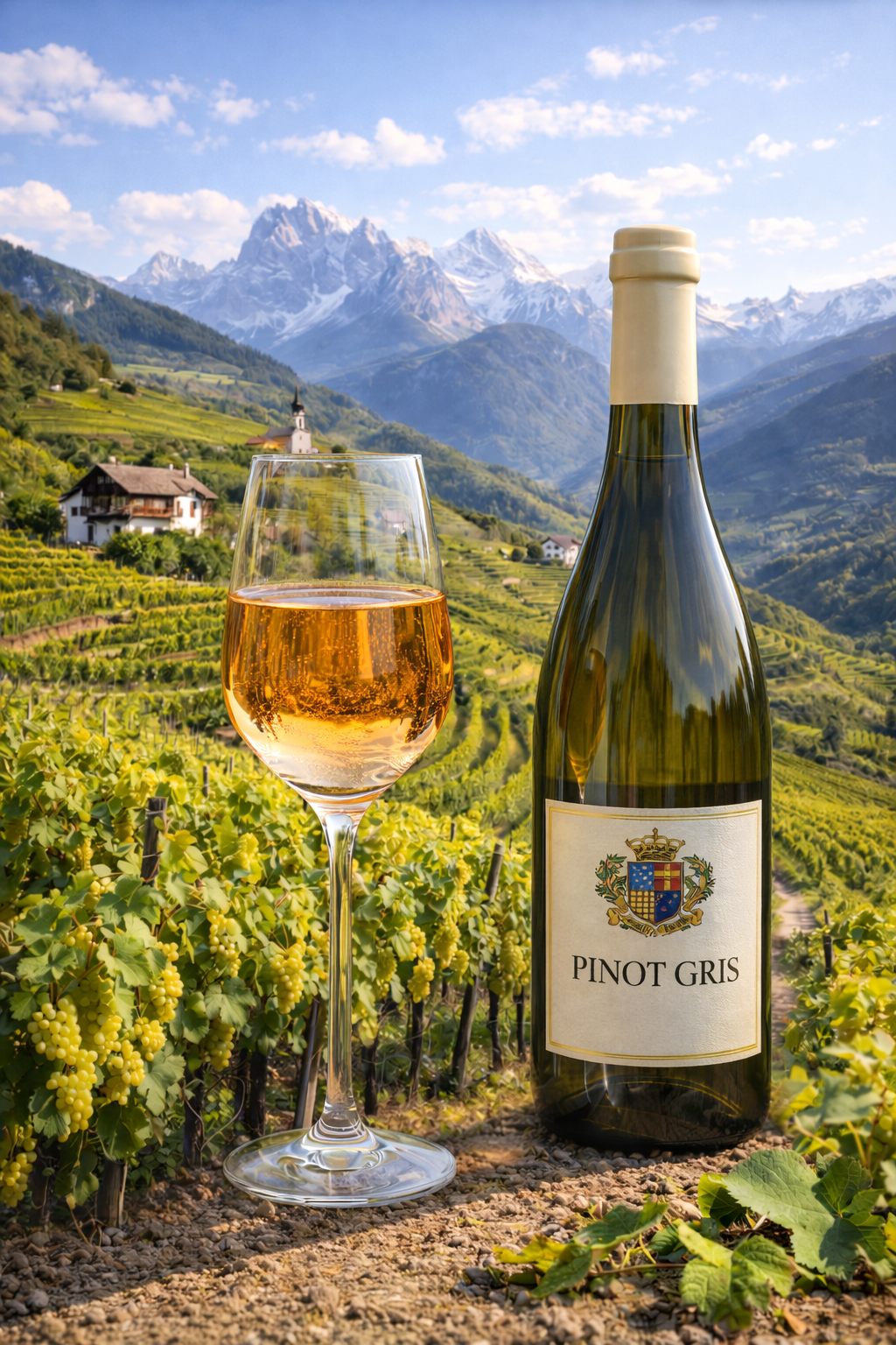 Copa de Pinot Gris alsaciano color dorado intenso con reflejos rosados