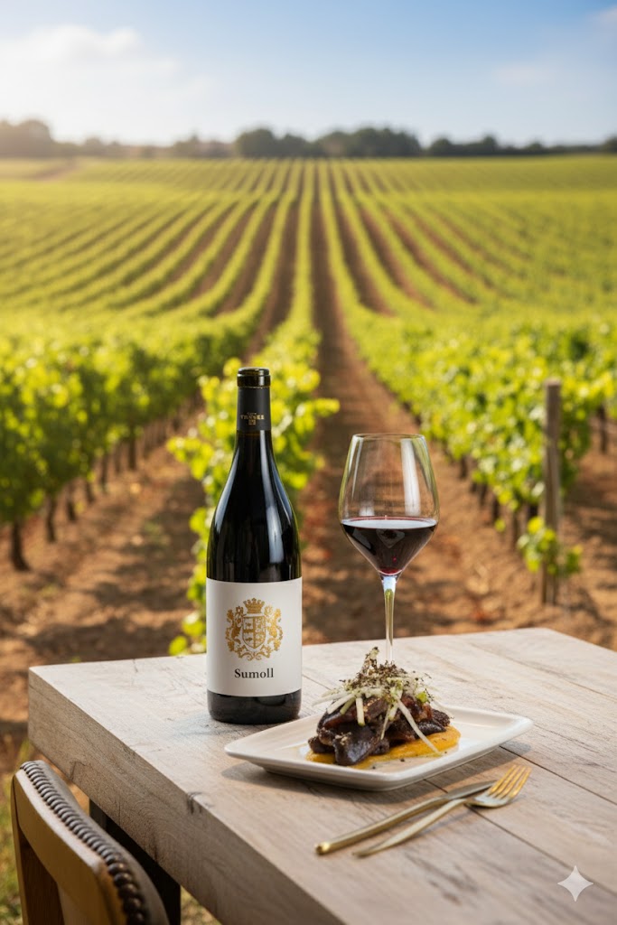 Vino elaborado con uva Sumoll servido en copa, con tonalidad rubí