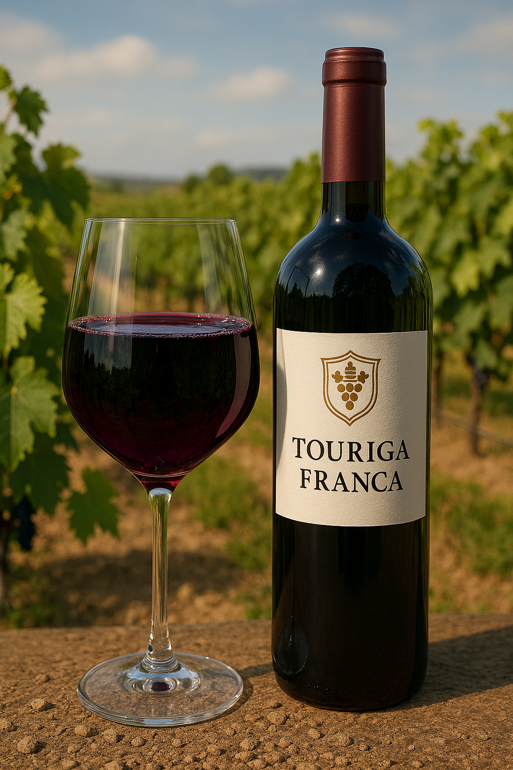 Copa de tinto del Duero con Touriga Franca color granate intenso con reflejos violáceos