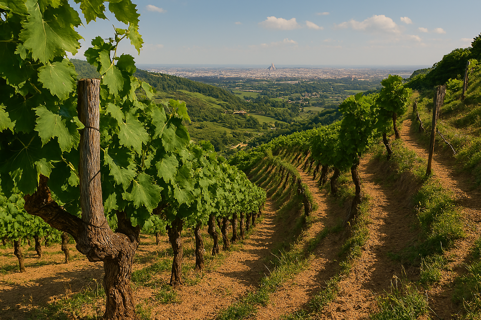 Viñedos heroicos de Cesanese en pendientes laziali con Roma al horizonte