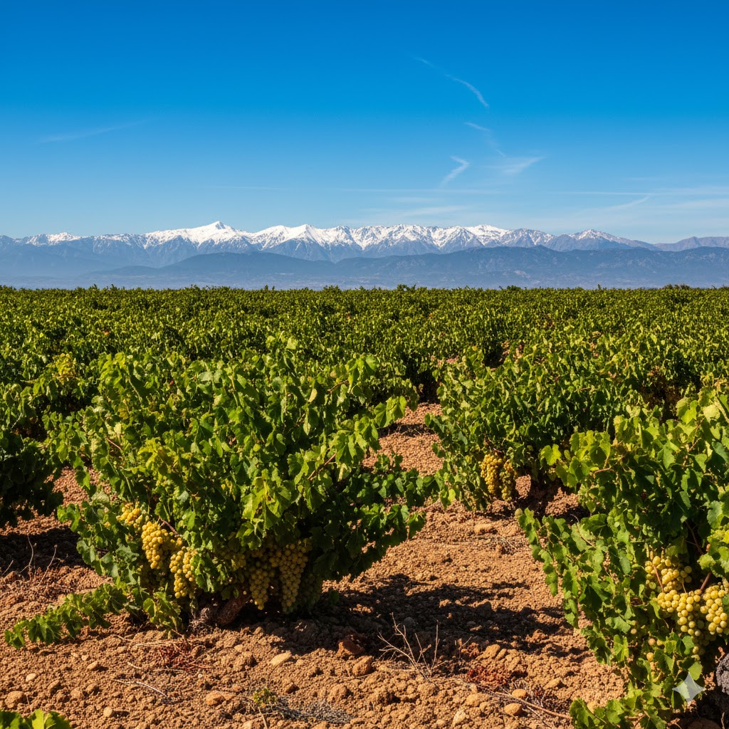 Viñedos Garnacha Blanca Terra Alta Pirineos coronando viñas doradas