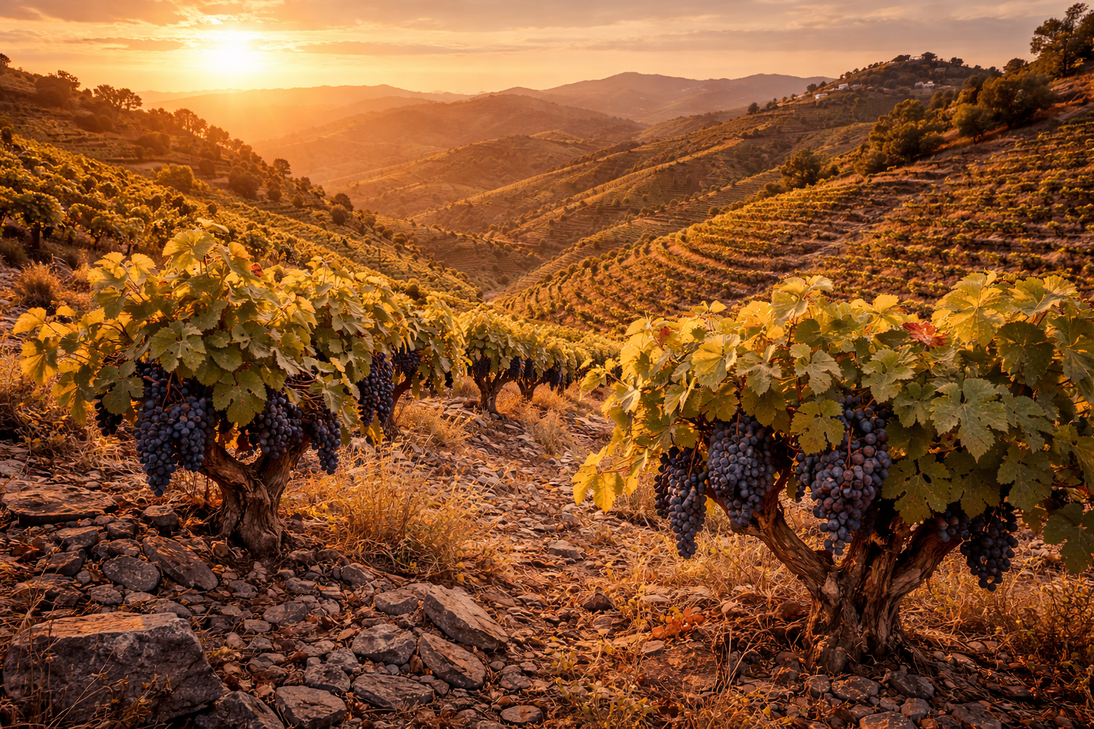 Viñedos velludos Garnacha Peluda llicorella Priorat atardecer dorado