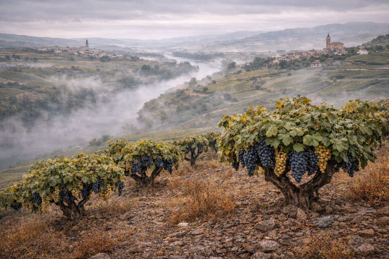 Viñedos centenarios Graciano Rioja Alta Ebro brumoso eterno