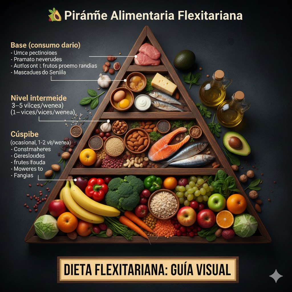 Pirámide alimentaria flexitariana con base vegetal y consumo ocasional de productos animales
