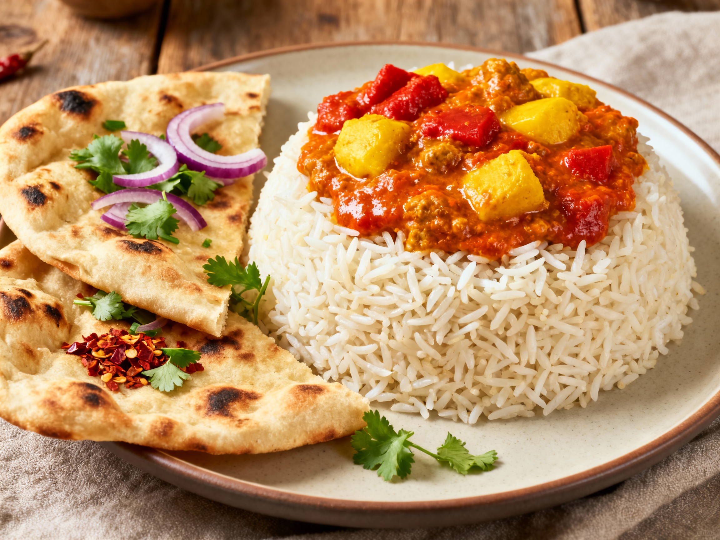 Plato típico de la dieta india con curry, arroz y panes planos