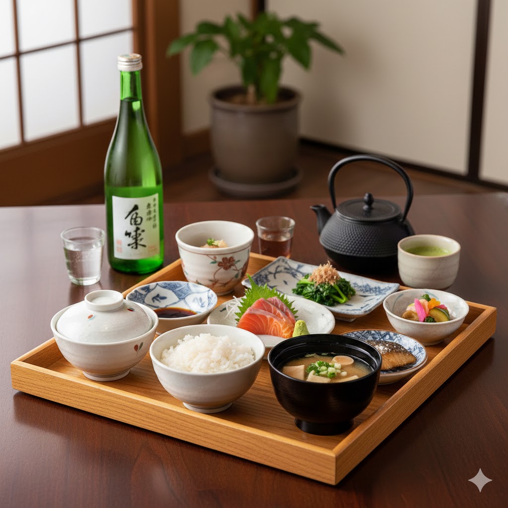 Mesa japonesa con varios platos pequeños, arroz, sopa y verduras