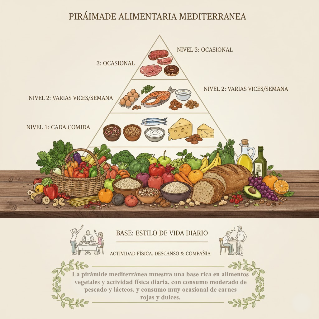 Pirámide de la dieta mediterránea con base vegetal y consumo ocasional de carnes y dulces