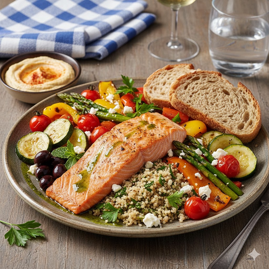 Alimentos típicos de la dieta mediterránea como aceite de oliva, pan, verduras y pescado