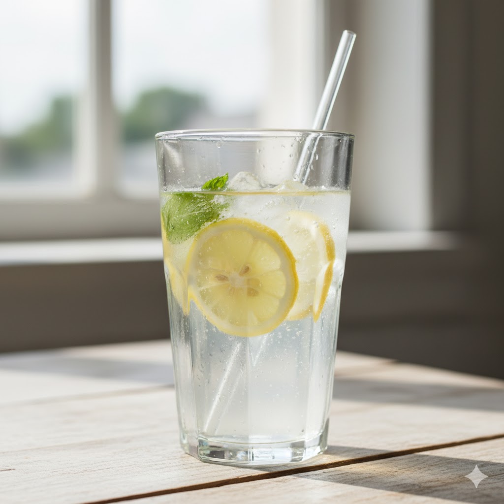 Agua con limón servida en un vaso de cristal