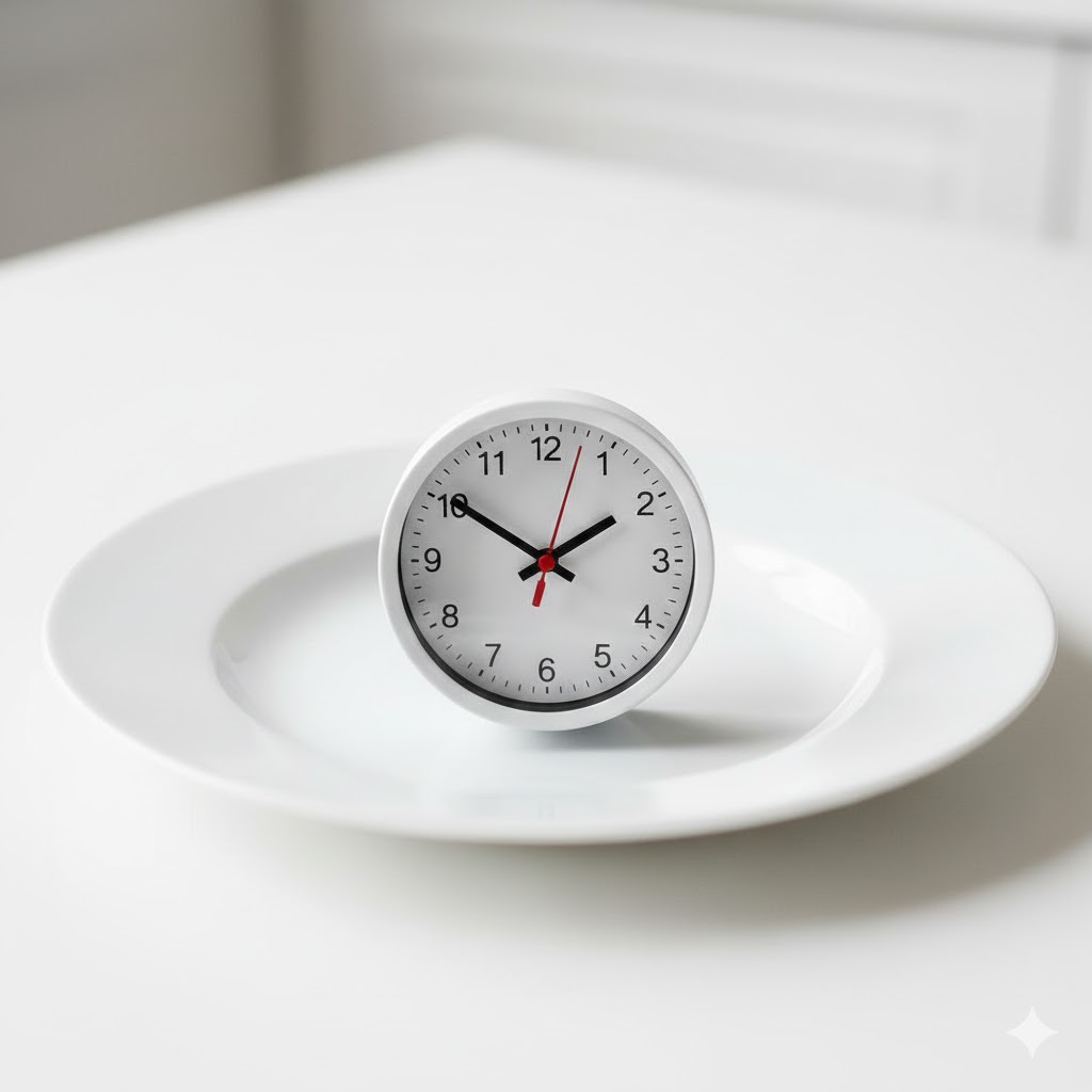 Primer plano de un reloj dentro de un plato simbolizando el ayuno estricto