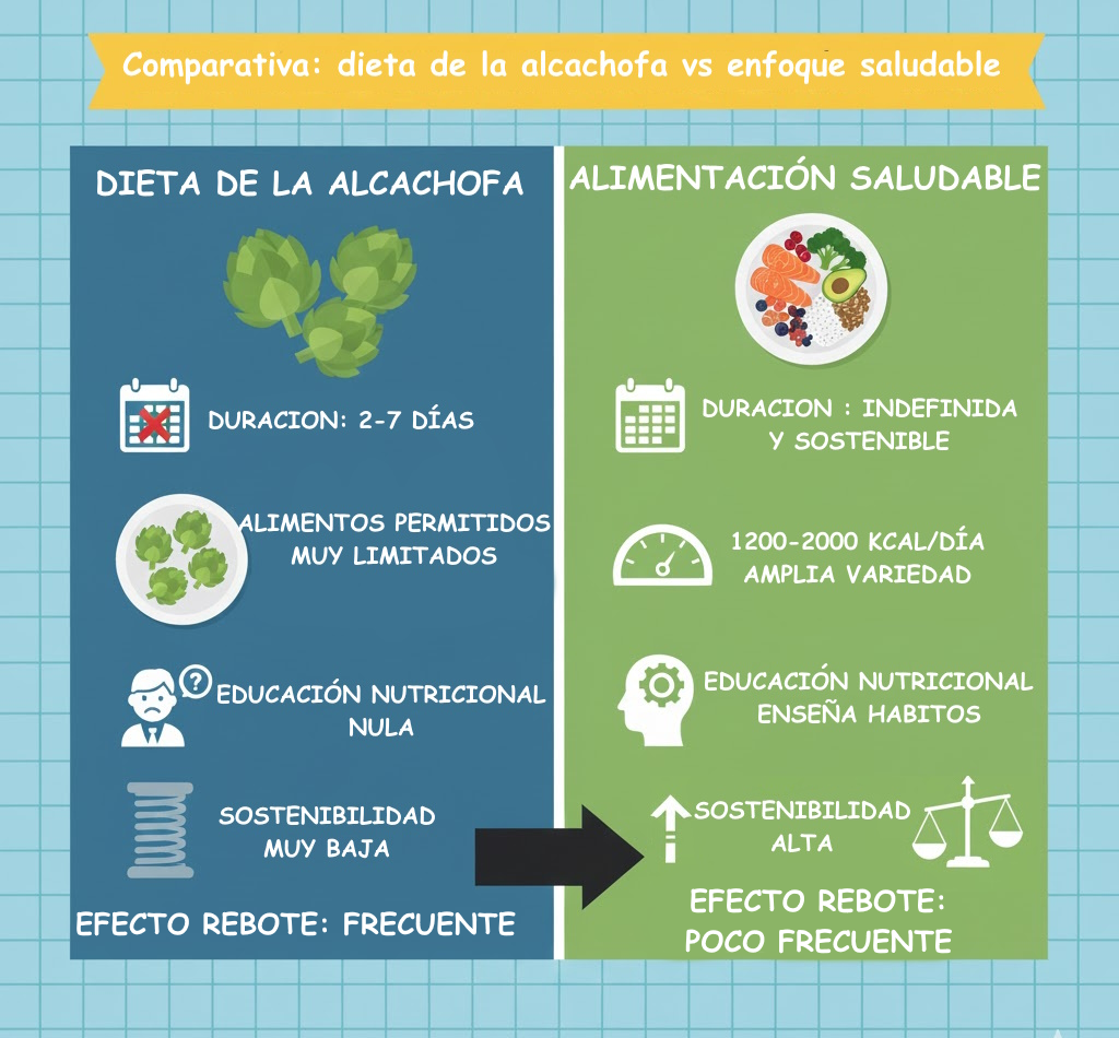 Infografía comparando la dieta de la alcachofa con una alimentación variada con verduras, proteínas y cereales integrales