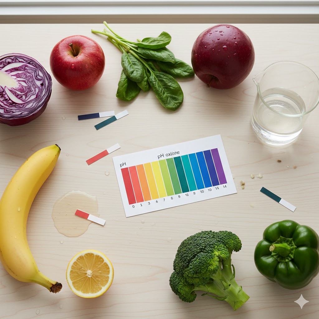 Tiras reactivas de pH junto a frutas y verduras