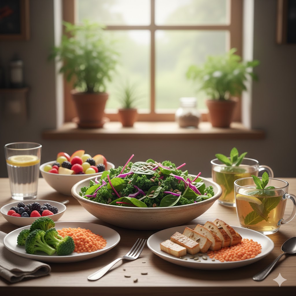 Platos con verduras verdes y frutas típicas de la dieta alcalina