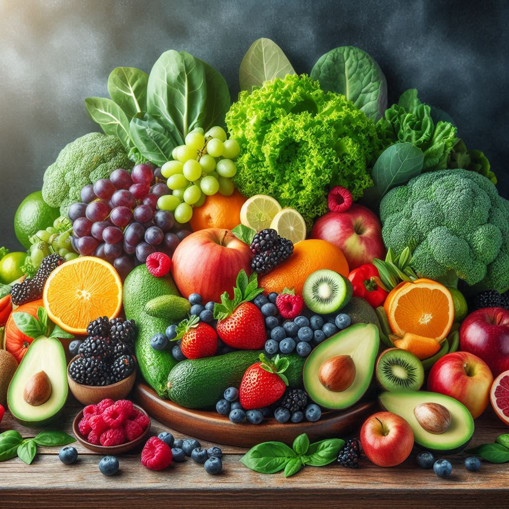 Alimentos alcalinos en una mesa: frutas, verduras y frutos secos