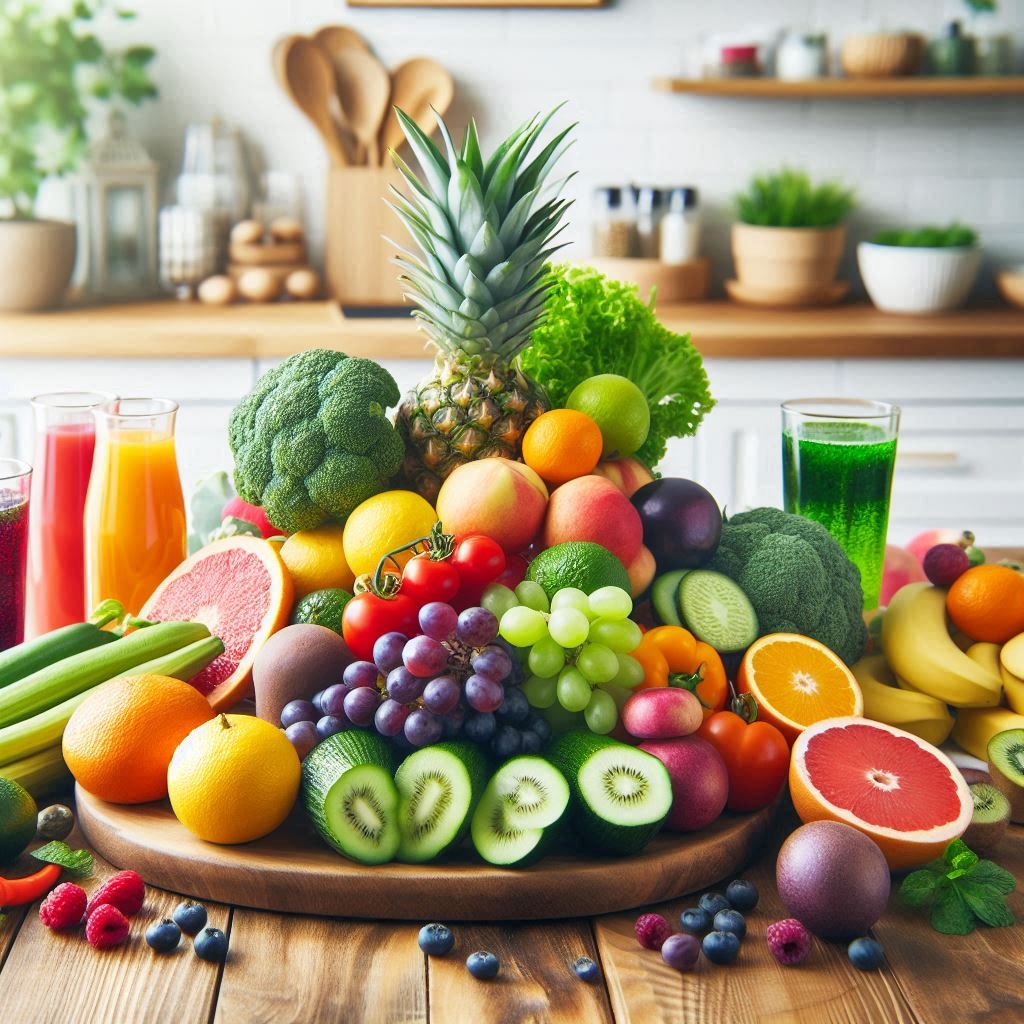 Batido verde detox junto a frutas frescas y agua