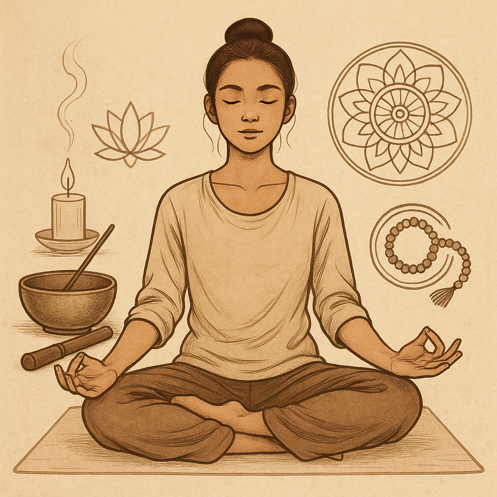 Persona meditando en posición de loto rodeada de elementos espirituales